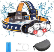 Set di 7 lampade da testa LED con batterie, lampada da testa idroresistente, ricaricabile via USB, 18.000 lumen, 8 modalità, con luce di avvertimento rossa e bianca per outdoor, campeggio, escursioni, lavoro