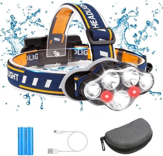 Set di 7 lampade da testa LED con batterie, lampada da testa idroresistente, ricaricabile via USB, 18.000 lumen, 8 modalità, con luce di avvertimento rossa e bianca per outdoor, campeggio, escursioni, lavoro