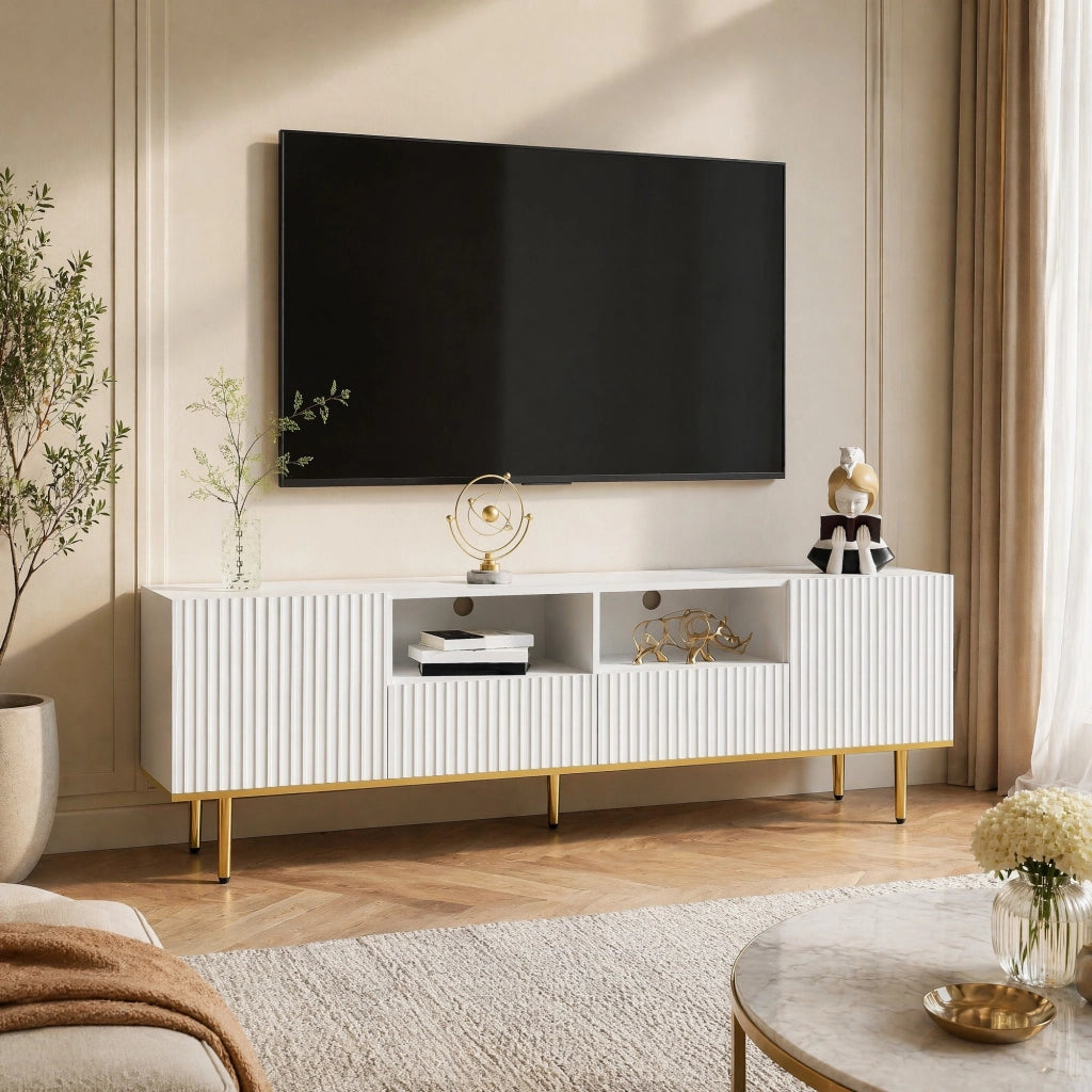 Mobile TV con 2 cassetti e 2 vani; 165 x 36 x 55 cm; pannello truciolare; bianco e oro