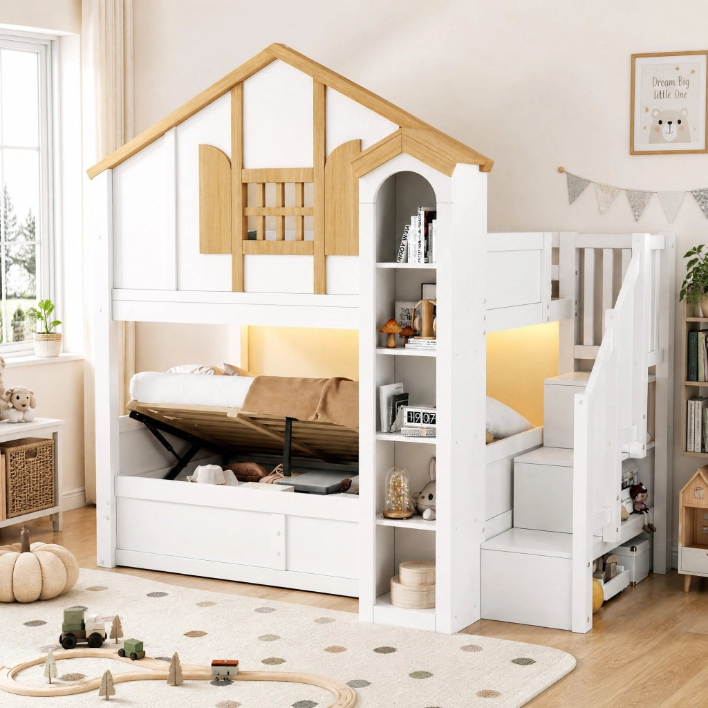 LETTO A CASTELLO 90x200+90x200 cm In legno di pino Bianco con scala contenitore