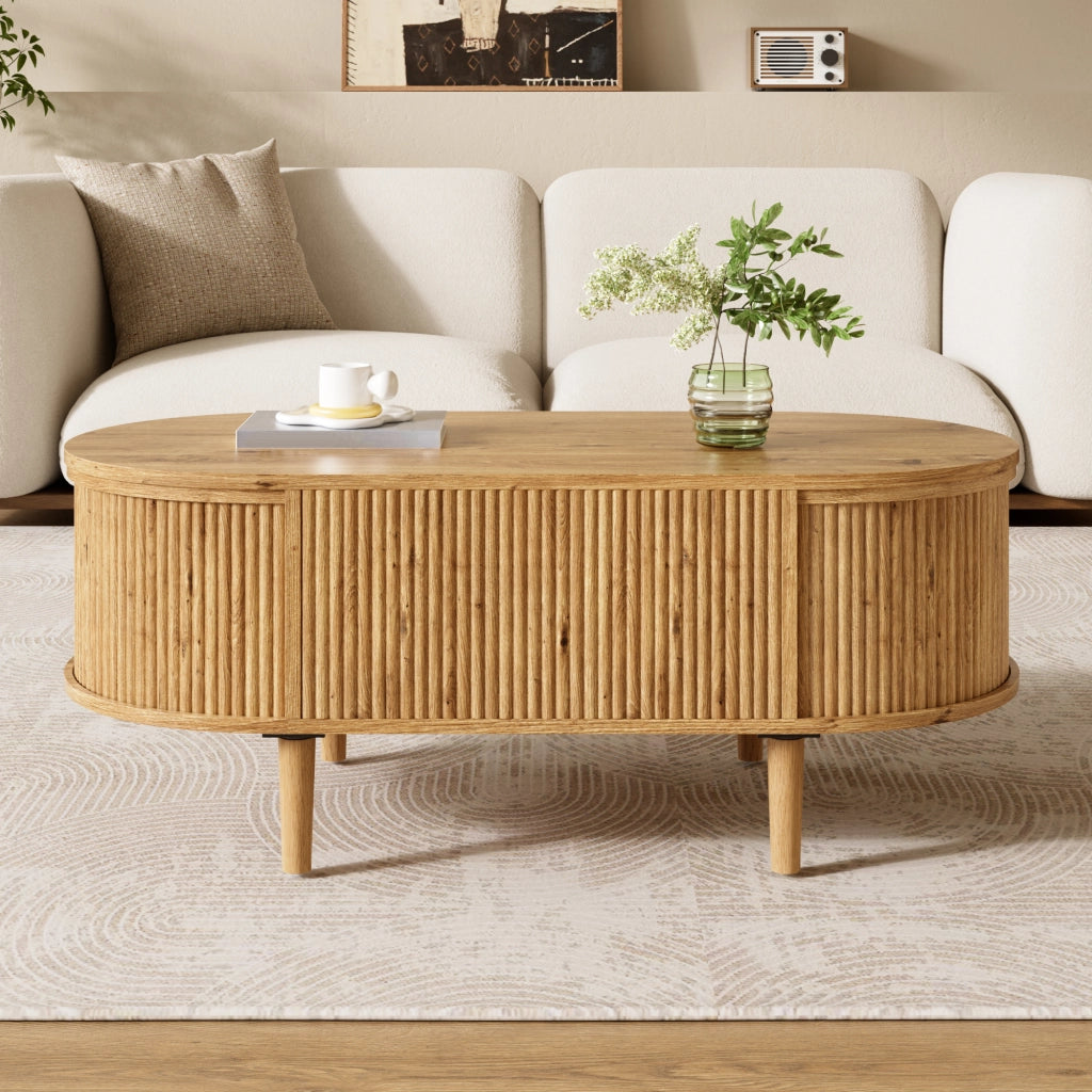 Tavolino da salotto ovale regolabile in altezza con vano contenitore; rovere