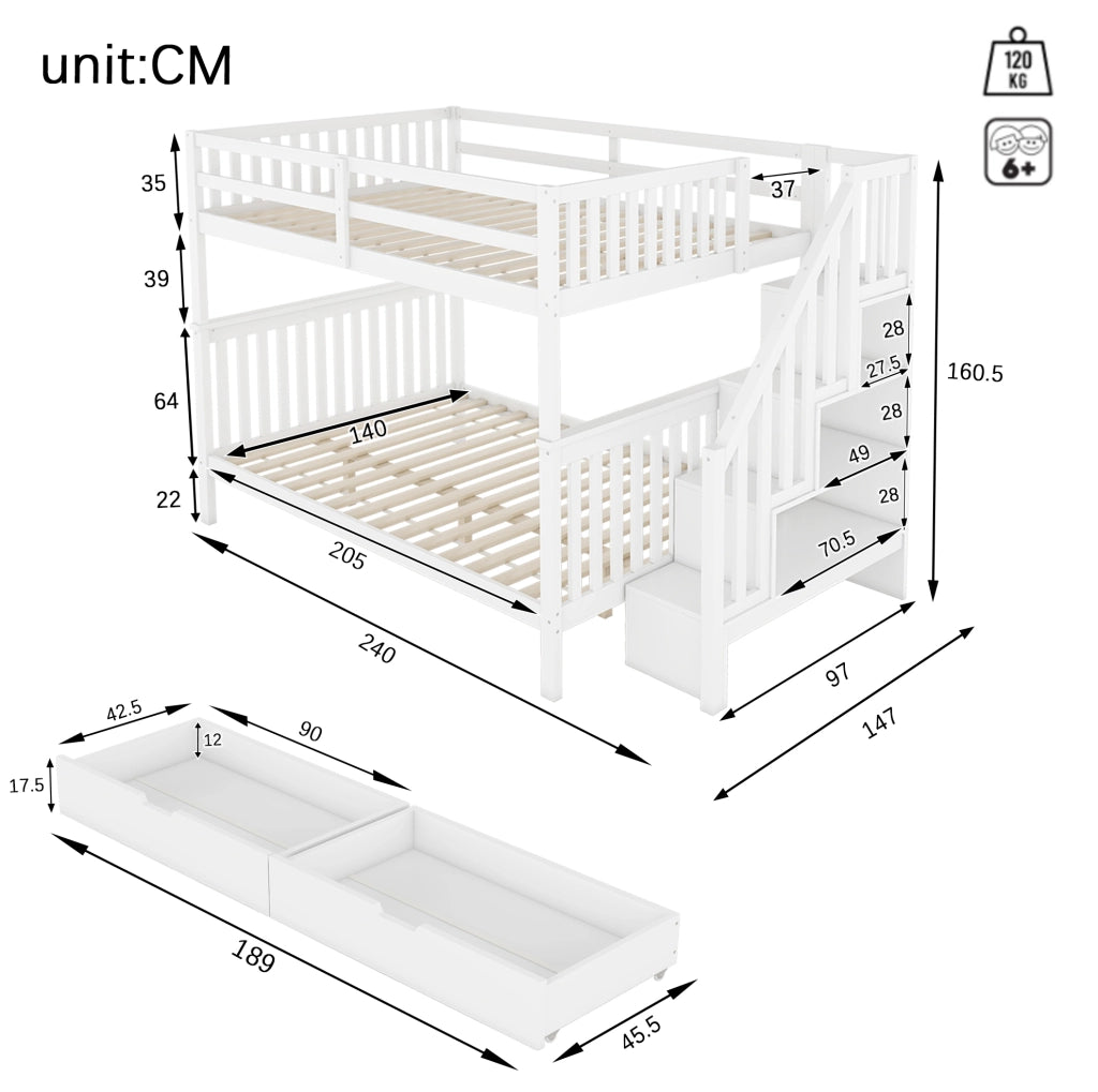 Letto a castello 140x200 cm con scala contenitore e 2 cassetti