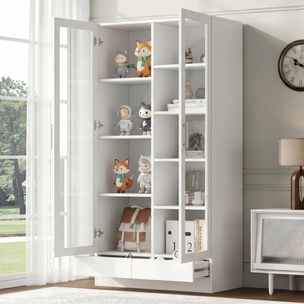 Vetrina 80x40x160 cm in MDF e vetro bianco con 2 cassetti e ripiani