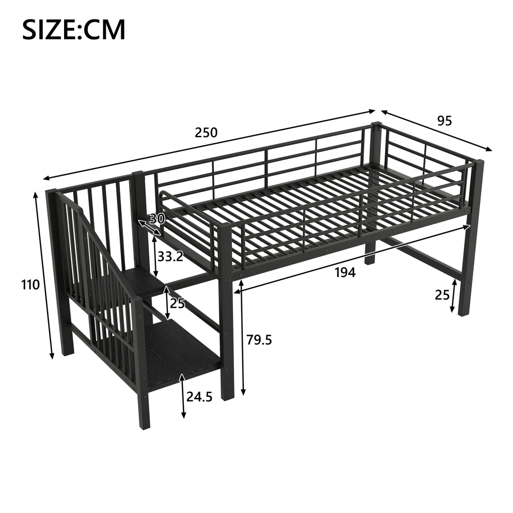 Letto alto semialto nero con scala contenitore in MDF e metallo 90x200 cm