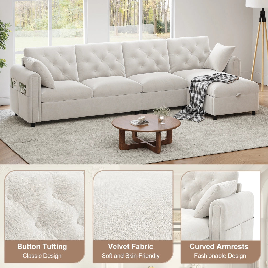 Divano letto modulare angolare con contenitore in poliestere beige configurabile a sinistra o destra 281 × 132 × 86 cm