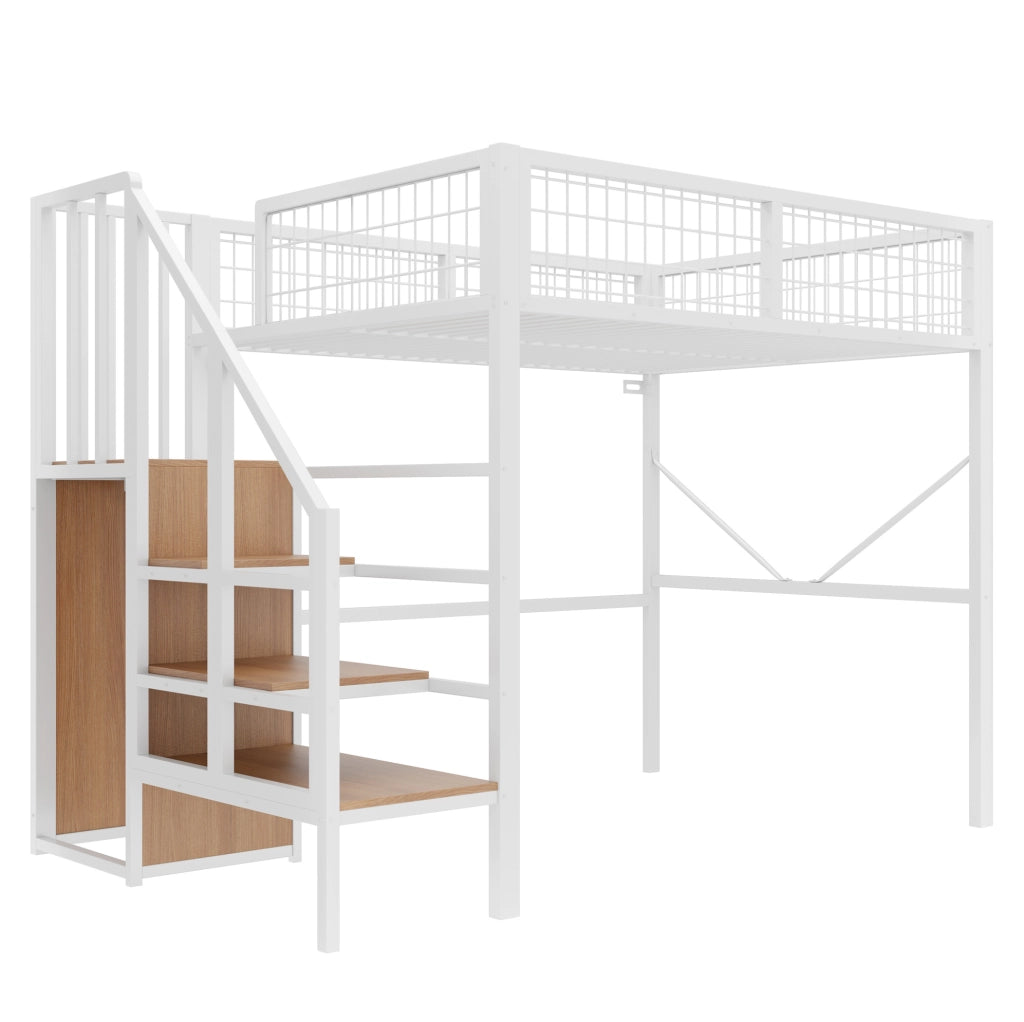 LETTO A Soppalco 140x200 cm Metallo e Legno Bianco con Scala Contenitore LED