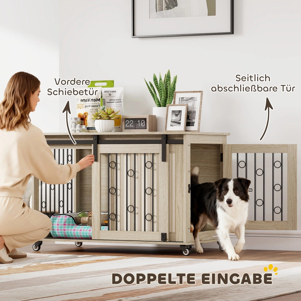 Gabbia per cani da interno in legno e acciaio con ruote e porta scorrevole, mobile cuccia spazioso e robusto per casa, 100 x 56 x 65 cm