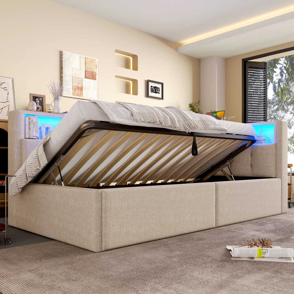 Letto divano 90 × 200 cm singolo con contenitore idraulico; LED regolabile; USB e Type-C; senza materasso; beige