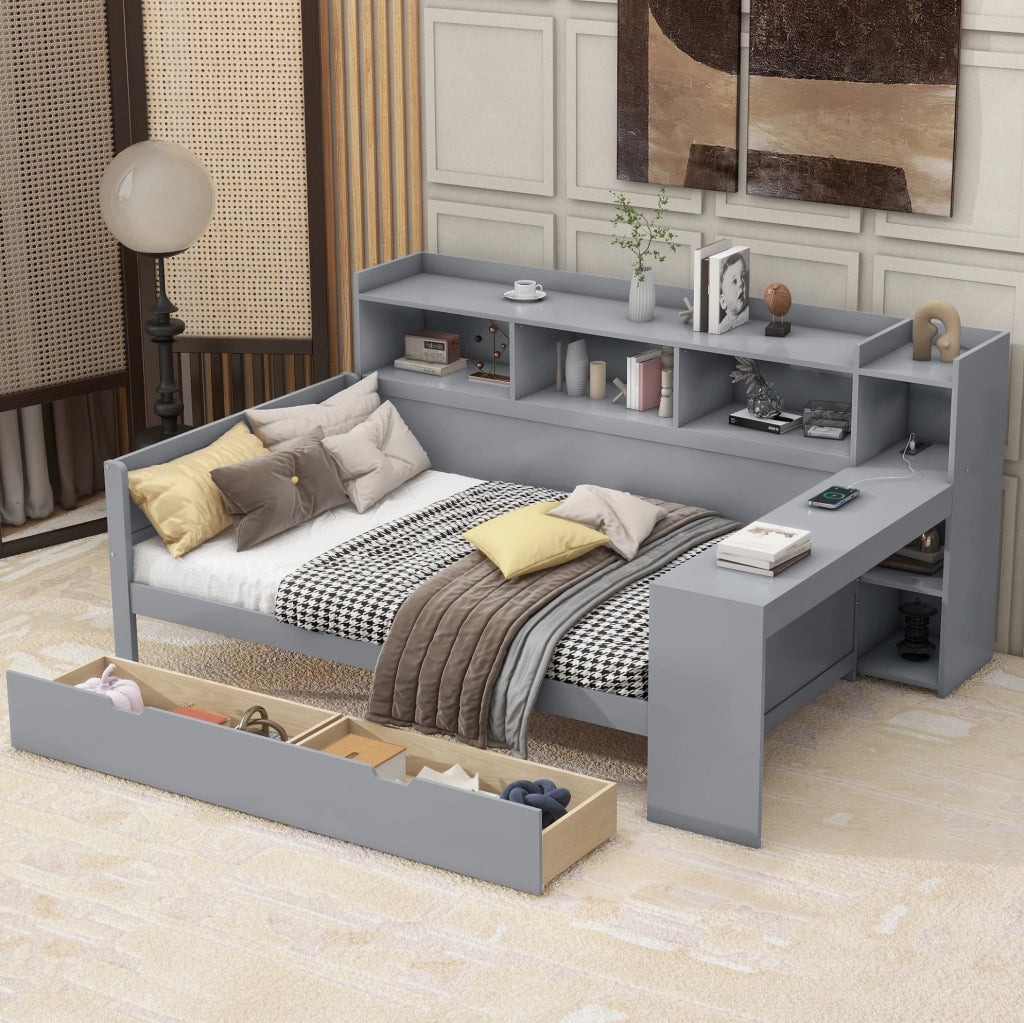 Letto singolo multifunzione 90x200 cm con scrivania; 2 cassetti; prese USB; grigio