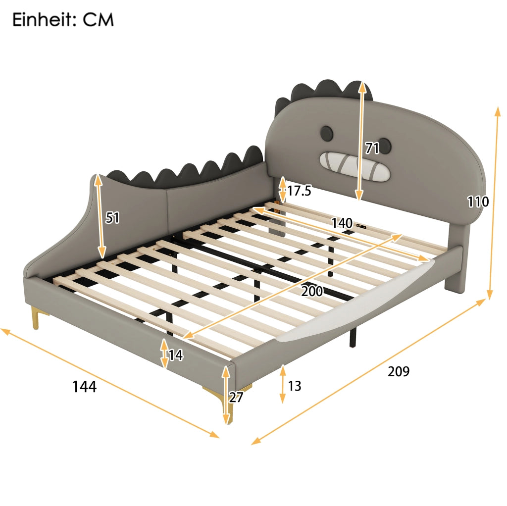 LETTO per bambini a forma di dinosauro 140x200 cm in PU grigio