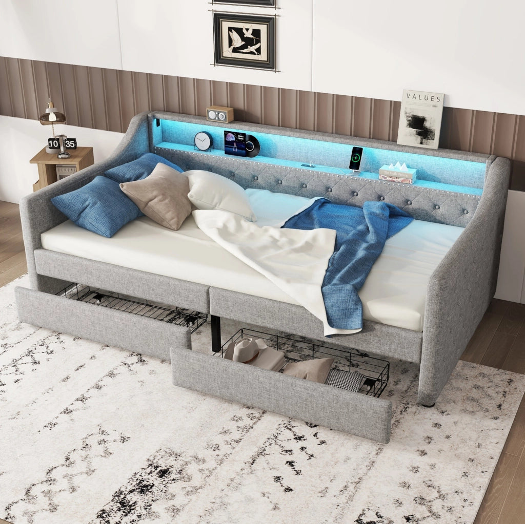 LETTO Giorno 90x200 cm in lino e MDF grigio con LED, USB e 2 cassetti
