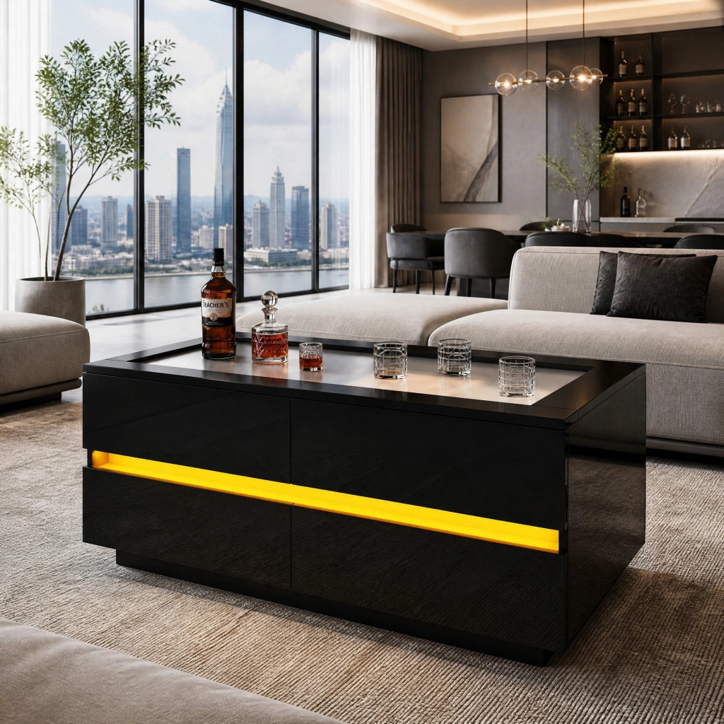 Tavolino da salotto nero 100x50x40 cm con 4 cassetti; LED; piano in vetro temperato