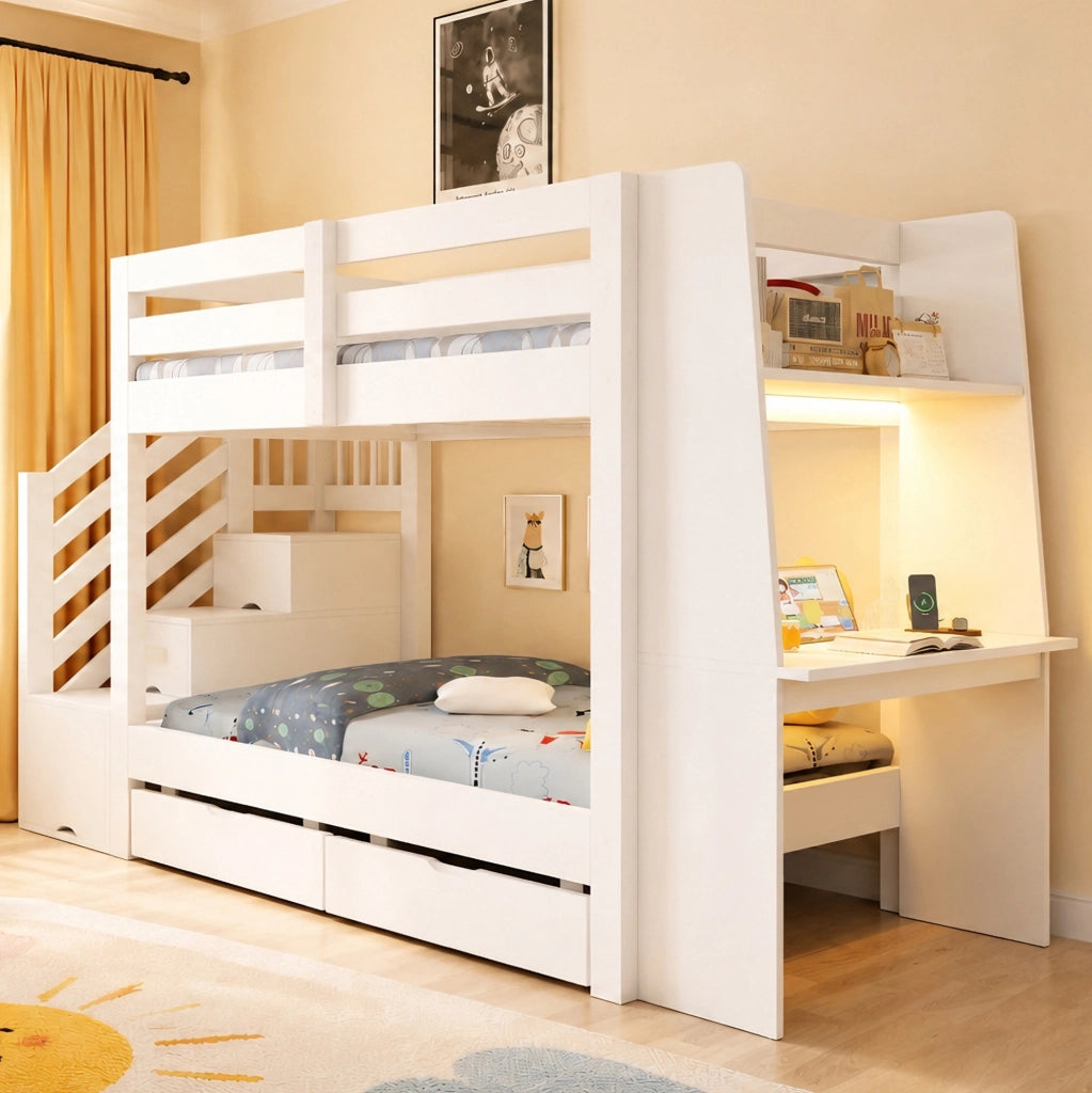 Letto a castello 90x200 cm in legno con scala contenitore; scrivania; LED e 2 cassetti; bianco