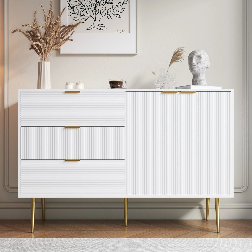 Credenza e madia con 2 ante, 3 cassetti e ripiani interni, stile moderno, in MDF, bianco e oro, 120 × 38 × 80.5 cm