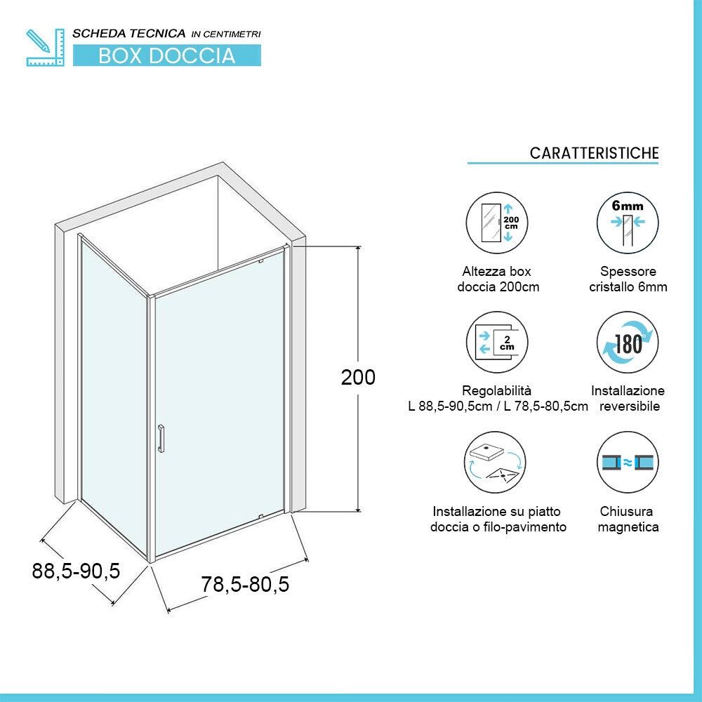 Box doccia angolare 90x80 con porta battente in vetro temperato trasparente e profili cromo Ted