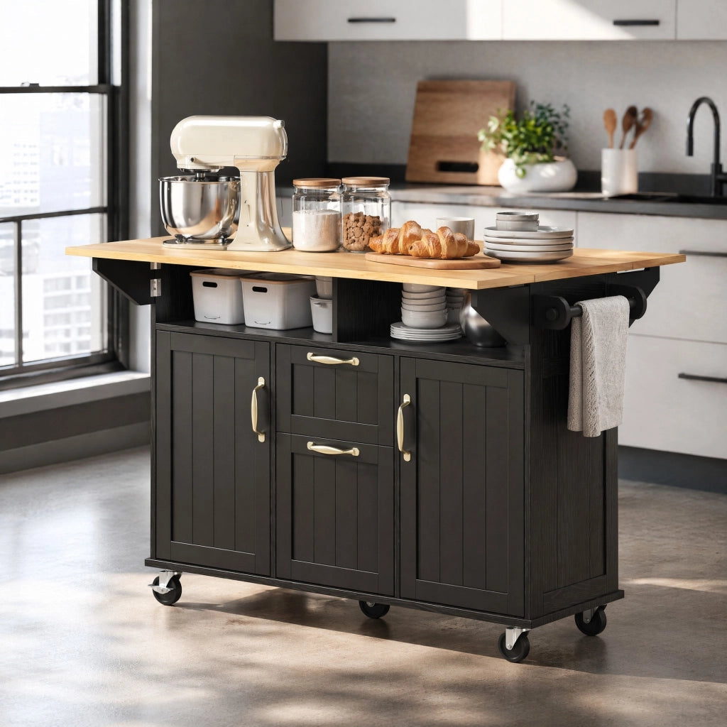 Isola cucina mobile 120x80x92 cm in MDF nero, piano estensibile e contenitori