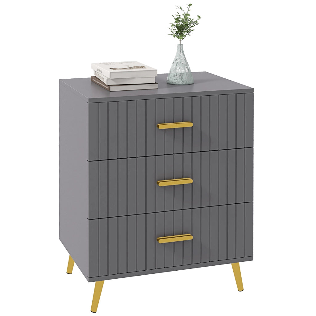 Cassettiera Moderna 3 Cassetti per Camera da Letto in Legno e Alluminio, Mobile Salvaspazio e Robusto, Oro e Grigio Scuro, 60x40x71.5 cm
