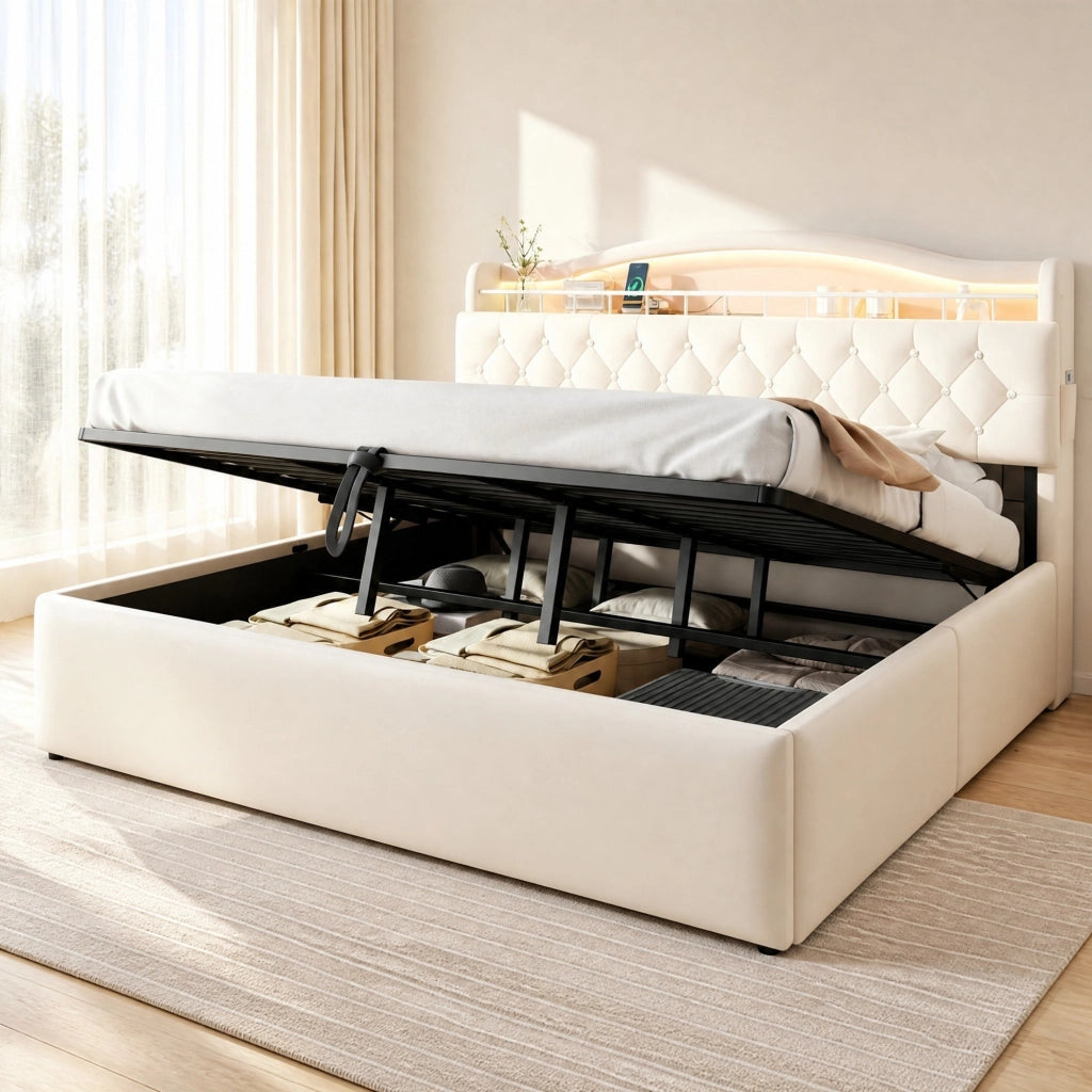 Letto imbottito 180x200 cm con contenitore idraulico e LED