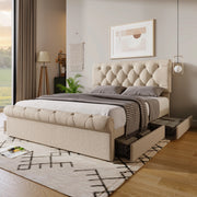 Letto matrimoniale 140x200 con materasso; 4 cassetti; naturale