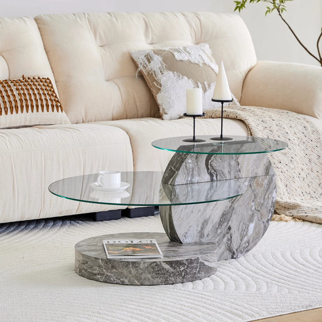 Tavolino basso fisso a due livelli con vetro di sicurezza e base effetto marmo grigio 78.5 × 78.5 × 24.5 cm