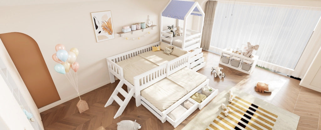 Letto per bambini a soppalco 90x200 cm con lettino estraibile 90x190 cm, struttura in legno massello bianco con scaletta laterale e cassettiera a 4 cassetti