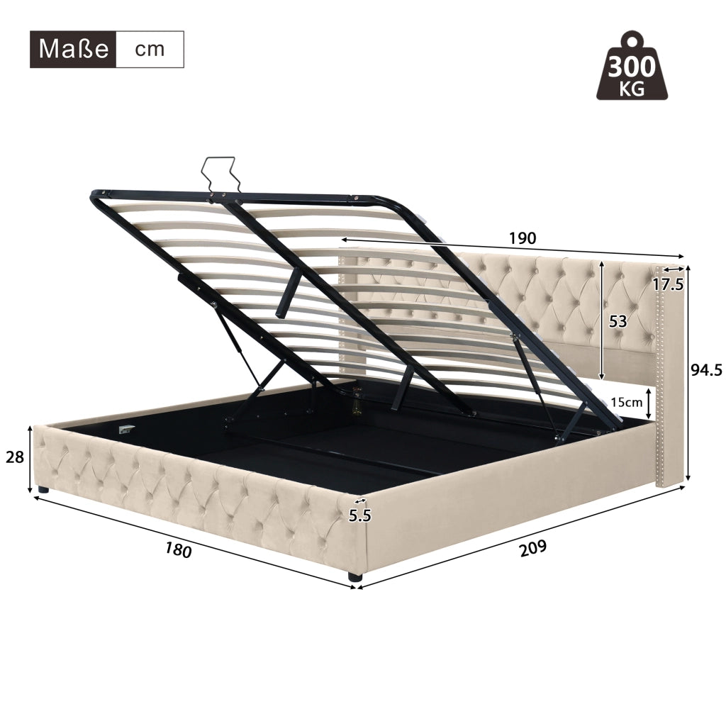 Letto matrimoniale imbottito 180 ¡Á 200 cm contenitore in velluto beige con testiera alta e rete a doghe