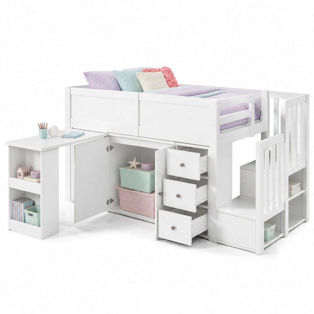 Letto a soppalco 90 ¡Á 200 cm con scrivania scala contenitore armadio cassetti e barriera in legno e MDF bianco