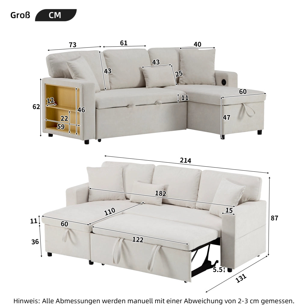 DIVANO LETTO Angolare 214x131x87 cm Beige Flanella con 3 cuscini