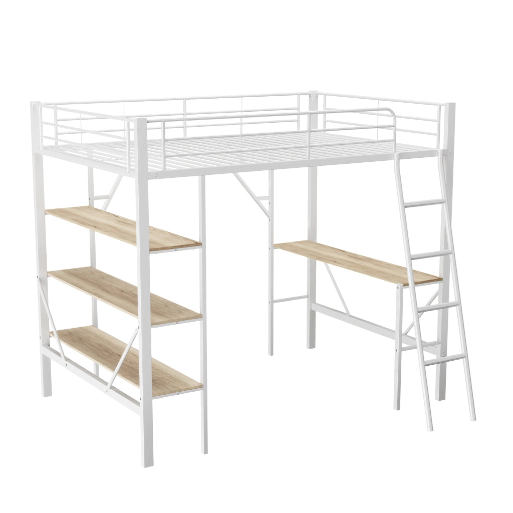 Letto a soppalco bianco 90x200 cm con scrivania e 3 scaffali in metallo e MDF