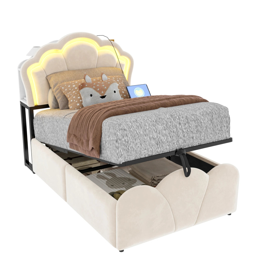 Letto imbottito 90x200 cm beige con contenitore, LED e prese
