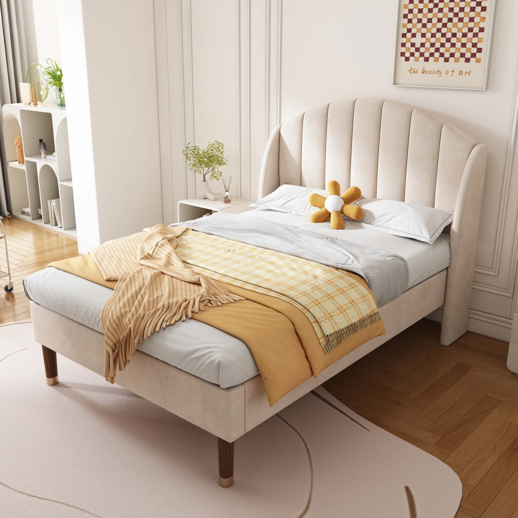 Letto singolo 90 × 200 cm con testiera imbottita rete a doghe in legno e piedi da 20 cm in velluto beige