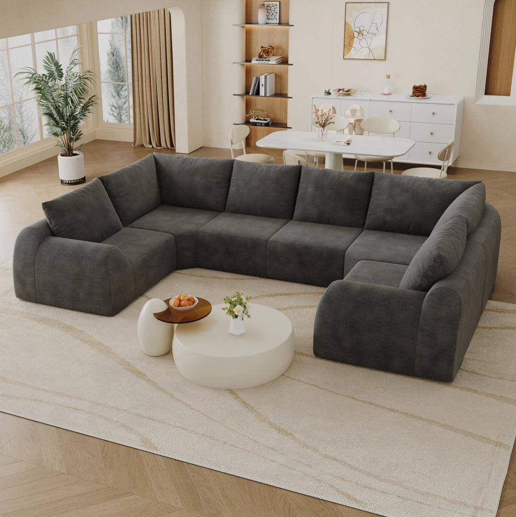 Divano angolare a U 344x200x85 cm in tessuto chenille; grigio scuro