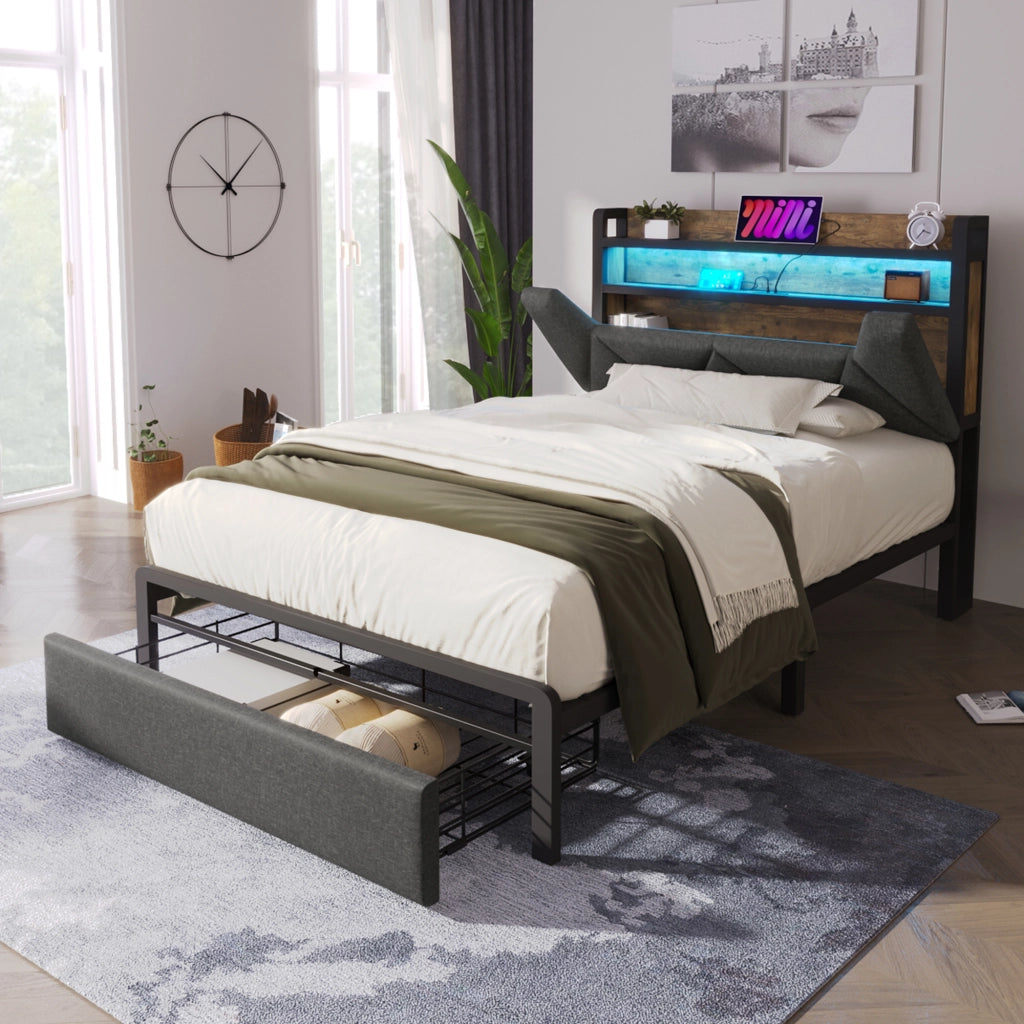 Letto singolo 90 × 200 cm con testiera contenitore; USB; Type-C; LED regolabile e cassetto; senza materasso; grigio