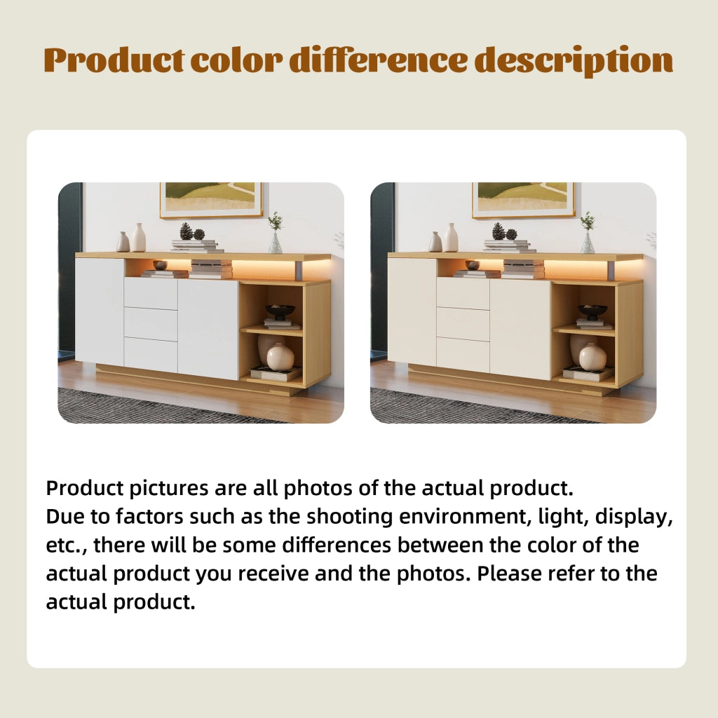 Credenza con 2 ante 3 cassetti vani aperti e LED in truciolare bianco e rovere chiaro 140 × 40 × 70 cm