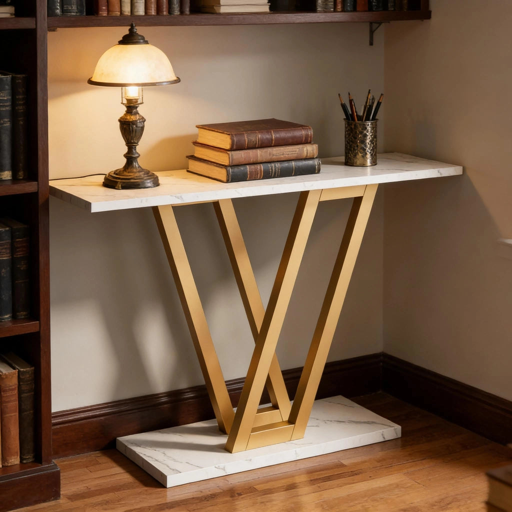 Consolle stretta con gambe in metallo a V piano in MDF bianco e oro per ingresso soggiorno 110 × 30 × 80 cm