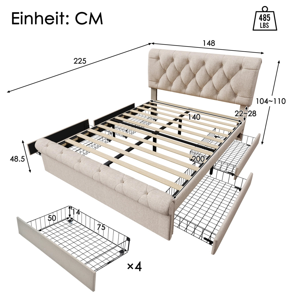Letto matrimoniale 140x200 cm con 4 cassetti e testiera regolabile; naturale