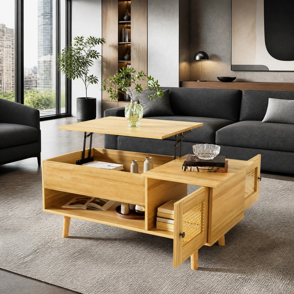Tavolino da salotto con piano sollevabile 103x50 cm in legno e nero; con vano contenitore
