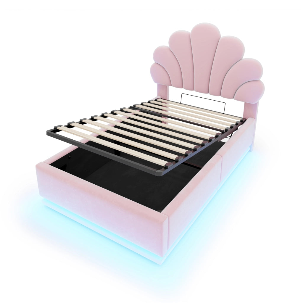 Letto contenitore 90 × 200 cm imbottito con testiera a fiore LED regolabile struttura in metallo velluto rosa