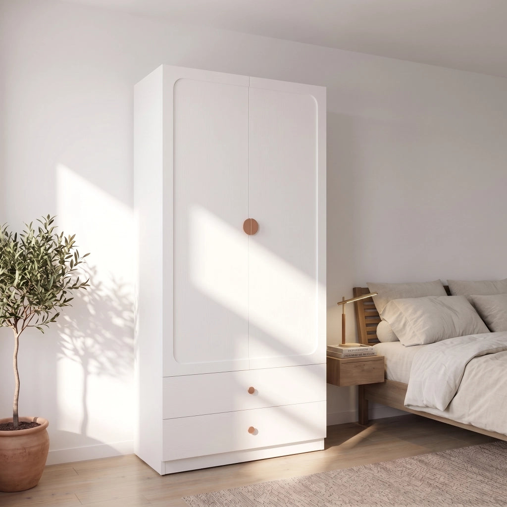 Armadio a 2 ante con 2 cassetti e appendiabiti in MDF legno e acciaio bianco per camera 90 × 45 × 200 cm