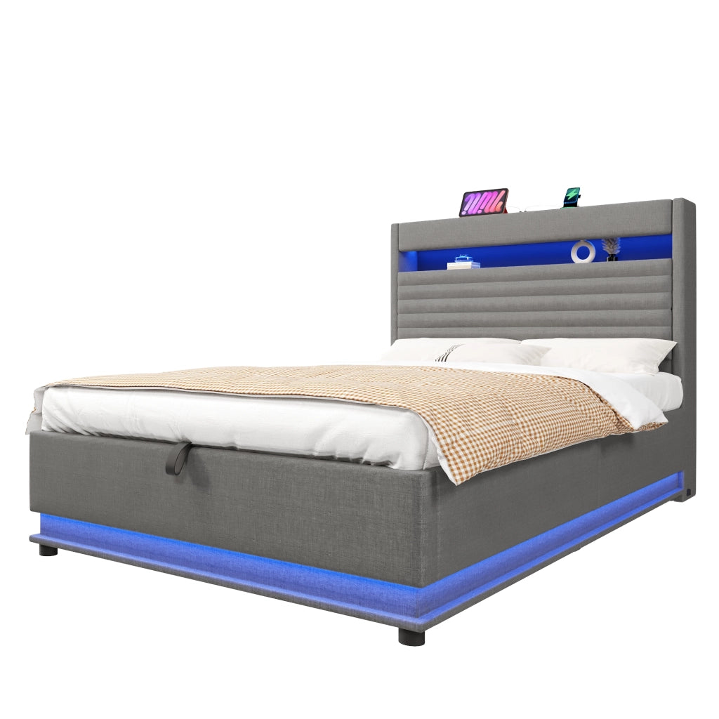 Letto matrimoniale 140×200 cm 2 posti con contenitore idraulico; LED regolabile; USB e Type-C; senza materasso; grigio