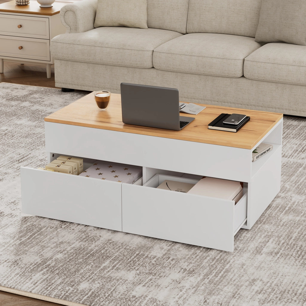Tavolino da salotto con piano sollevabile 100x50 cm assemblabile bianco e legno