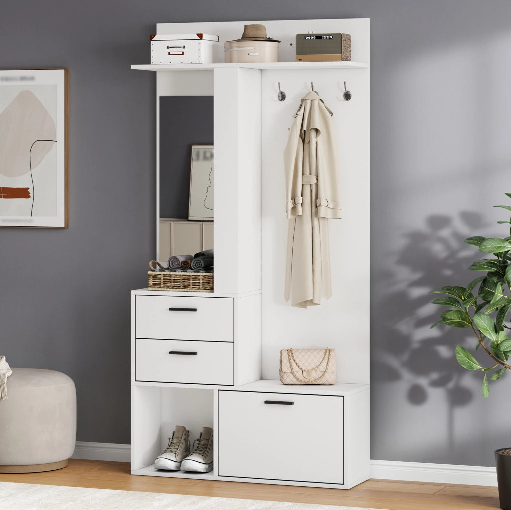 Mobile guardaroba 90x30x180 cm bianco in MDF, specchio e scarpiera