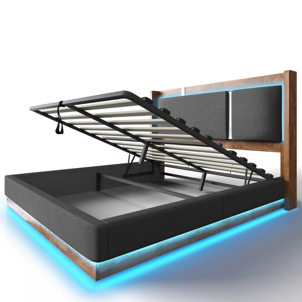 Letto matrimoniale 140 × 200 cm con contenitore idraulico; LED regolabile; senza materasso; grigio e noce