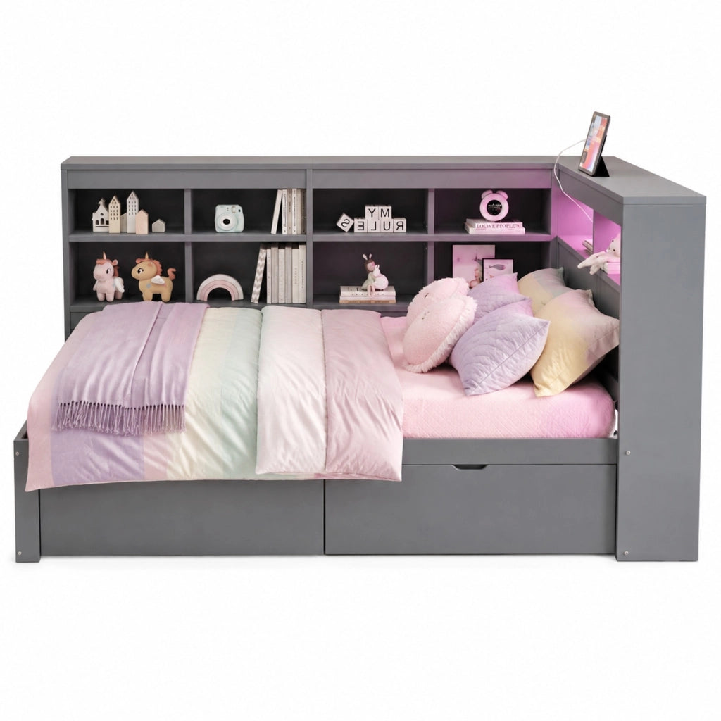 Letto singolo con cassetti 90 × 200 cm con ripiani laterali USB LED a colori in legno grigio con 15 doghe