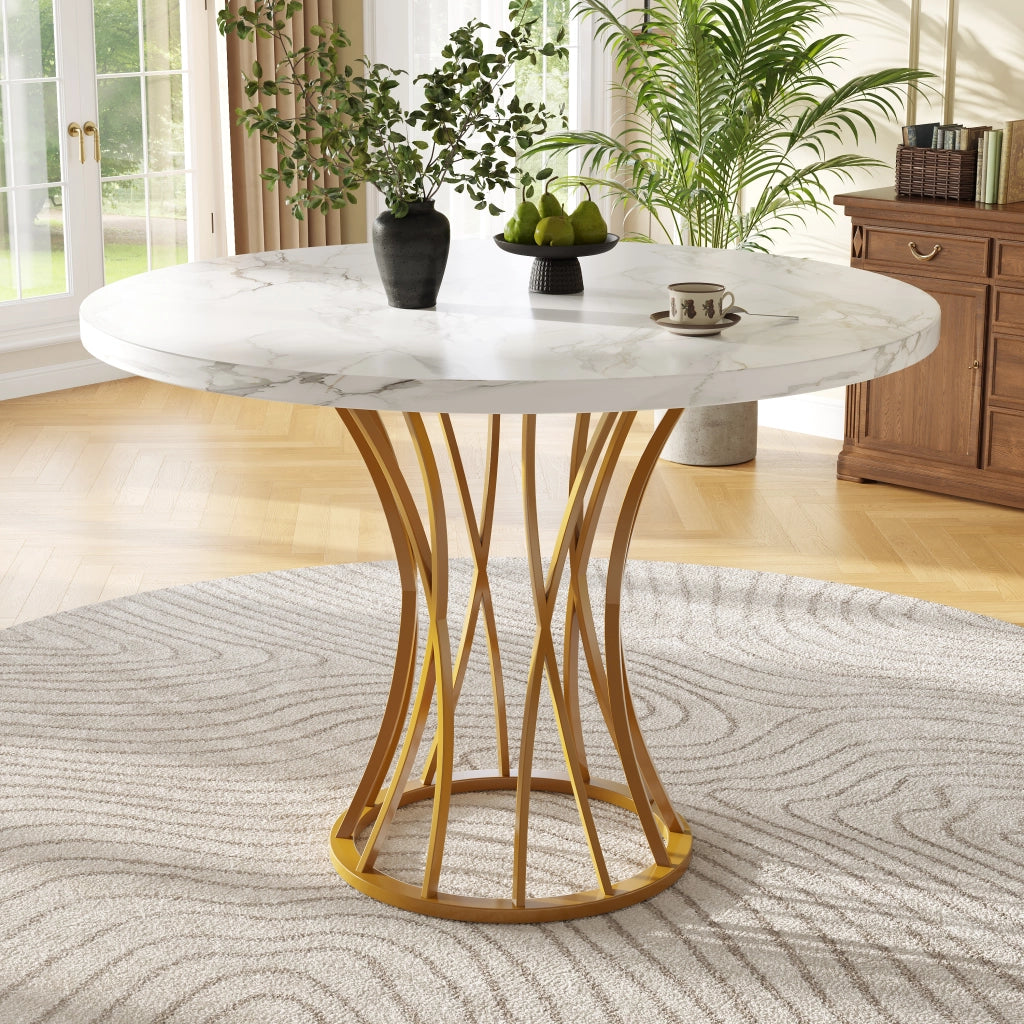 Tavolo da pranzo rotondo con piedini regolabili; piano effetto marmo; in MDF e metallo; 80 x 80 x 76 cm; oro