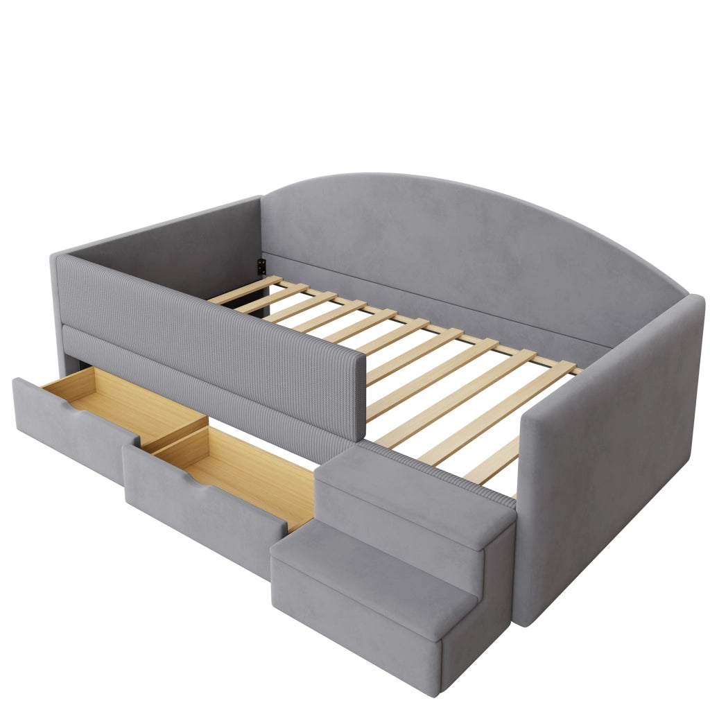 Letto con cassetti 90 × 190 cm con sponde imbottite e gradini antiscivolo rivestito in velluto grigio acqua