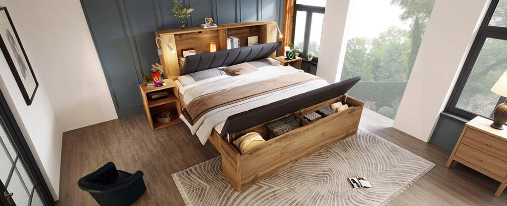Letto matrimoniale 160x200 cm in legno rovere con testiera reclinabile in lino, due comodini, panca contenitore e luci da lettura USB inclusi con rete e materasso