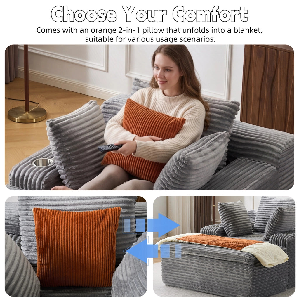 Divano letto senza schienale con chaise longue in tessuto vellutato grigio, 3 cuscini e coperta integrata, senza montaggio