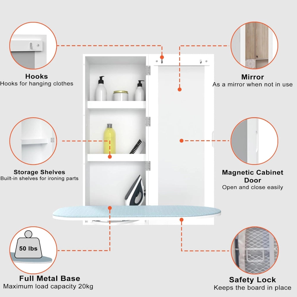 Mobile da parete per stirare con asse integrato specchio 2 vani in MDF bianco per lavanderia camera e armadio