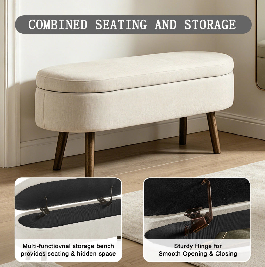 Panca contenitore beige in tessuto chenille con struttura in legno massello, 110x40x42 cm, 20L capacità, per soggiorno, camera e ingresso